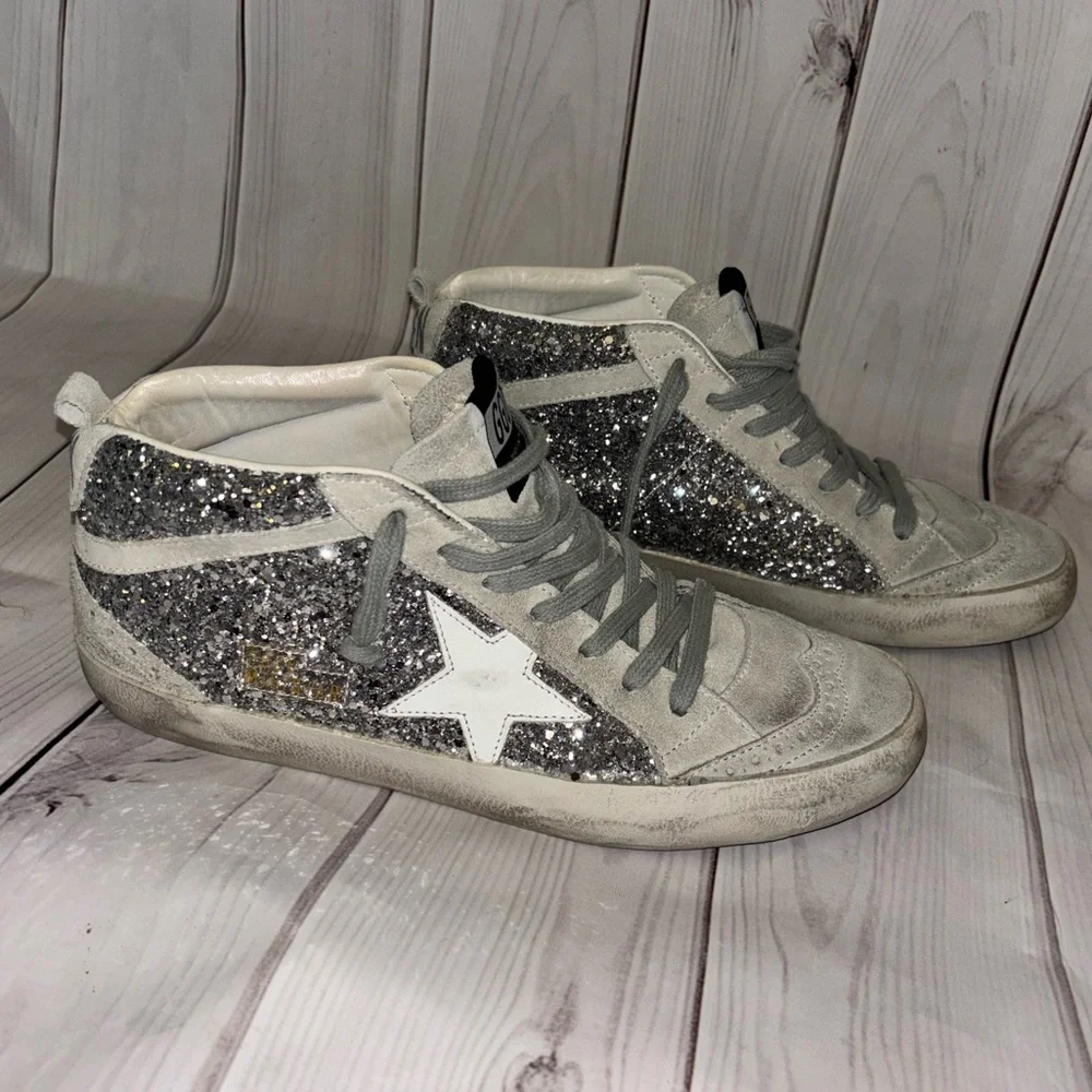 Golden goose women’s mid stars silver grey glitter 39 eu 9 tennis shoe sneaker - Picture 4 of 15
